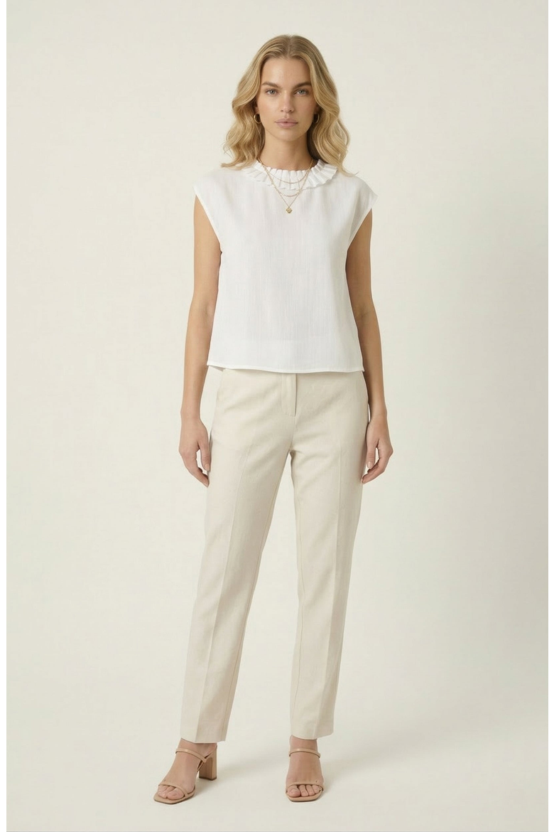 Sleeveless Blouse with Pleated Neckline and Soft Drape, Alternate, color, White