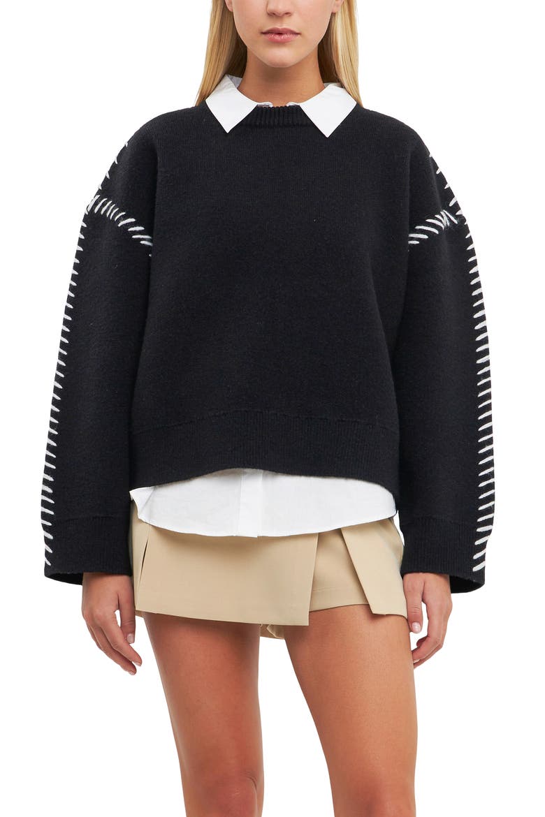 Whipstitch Accent Crewneck Sweater, Alternate, color, BLACK/ WHITE
