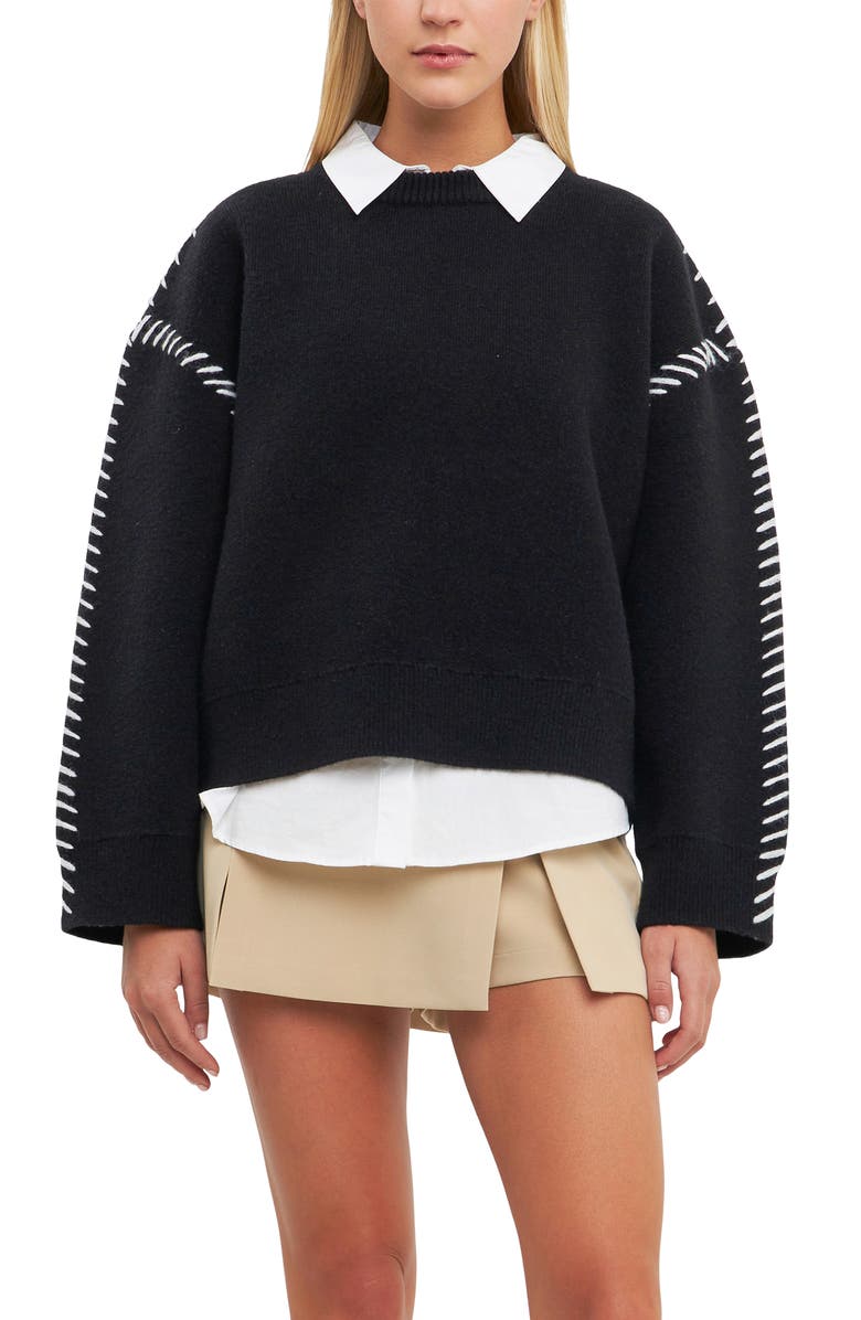 English Factory Whipstitch Accent Crewneck Sweater, Alternate, color, 