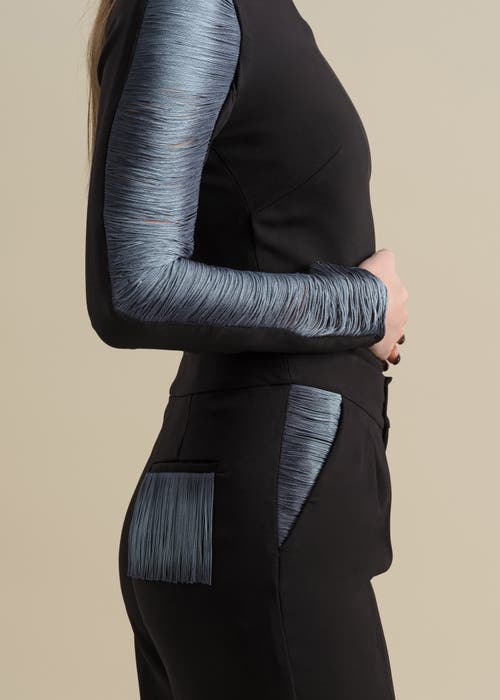Contessa Mills Medusa Fringe Loose-fit Double-pleat Stretch Crepe Trousers In Gray