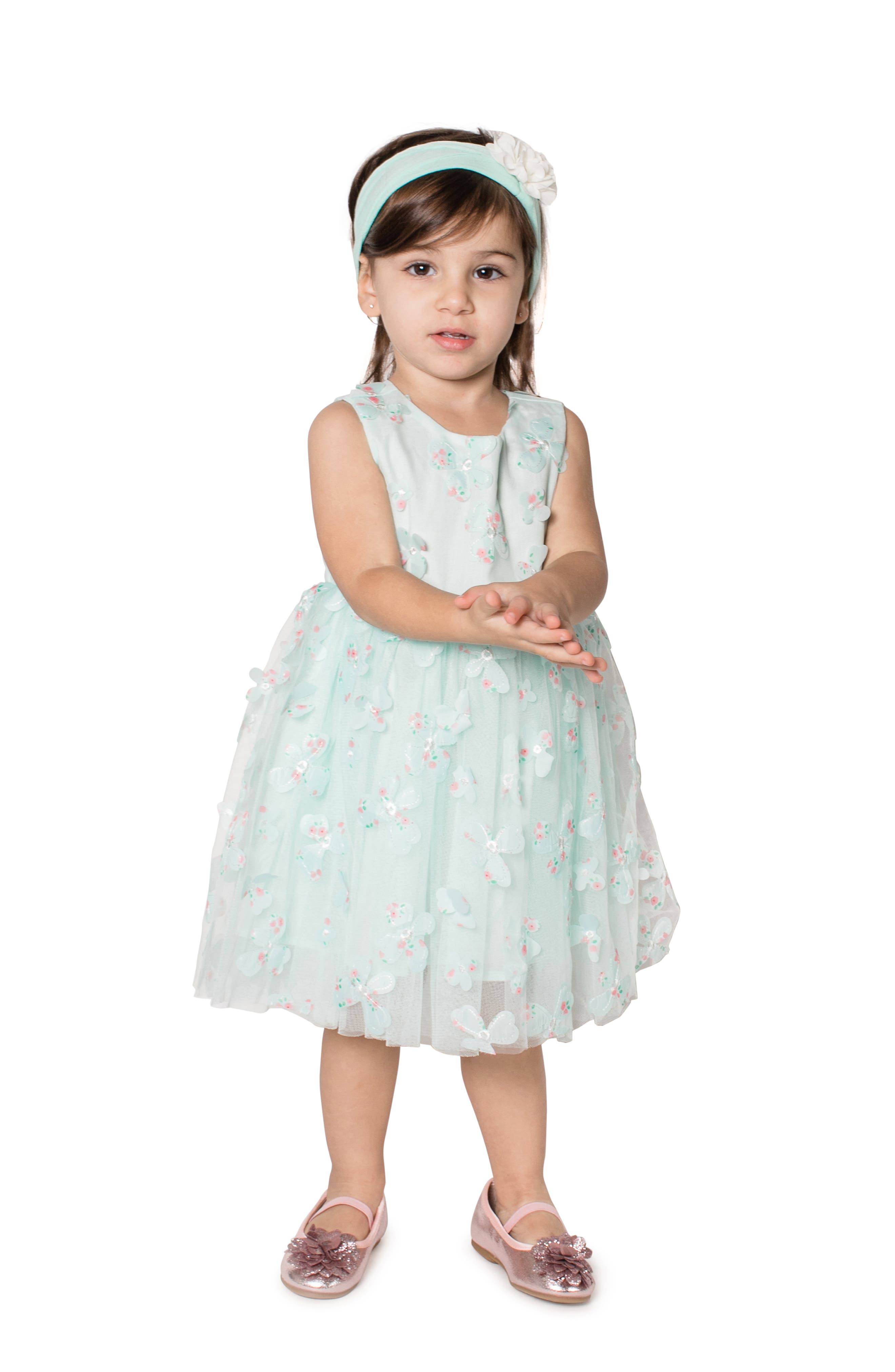 Popatu Kids' 3D Butterfly Appliqué Tulle Dress in Mint 