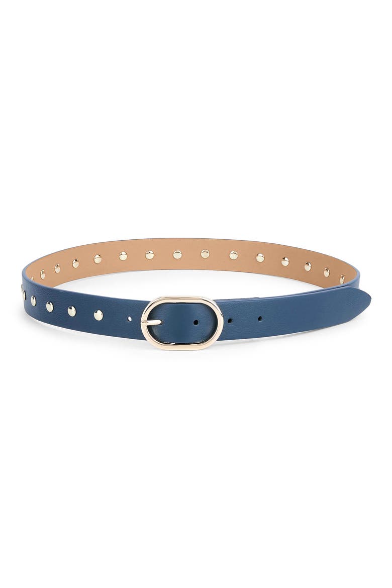 Stud Leather Belt, Main, color, DENIM