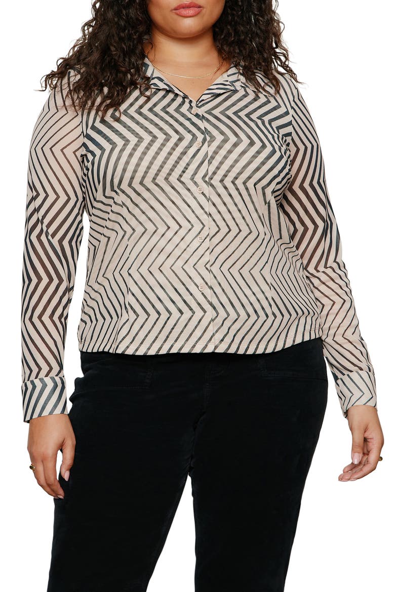 Femme Mixed Print Mesh Button-Up Shirt, Main, color, FROST WHITE