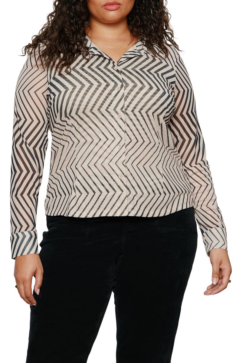 Sanctuary Femme Mixed Print Mesh Button-Up Shirt, Main, color, Frost White