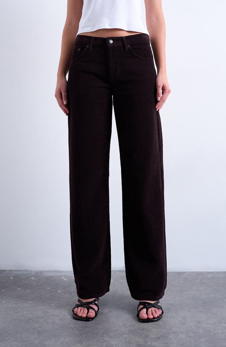 Topshop Low Rise Straight Leg Corduroy Pants, Main, color, Brown