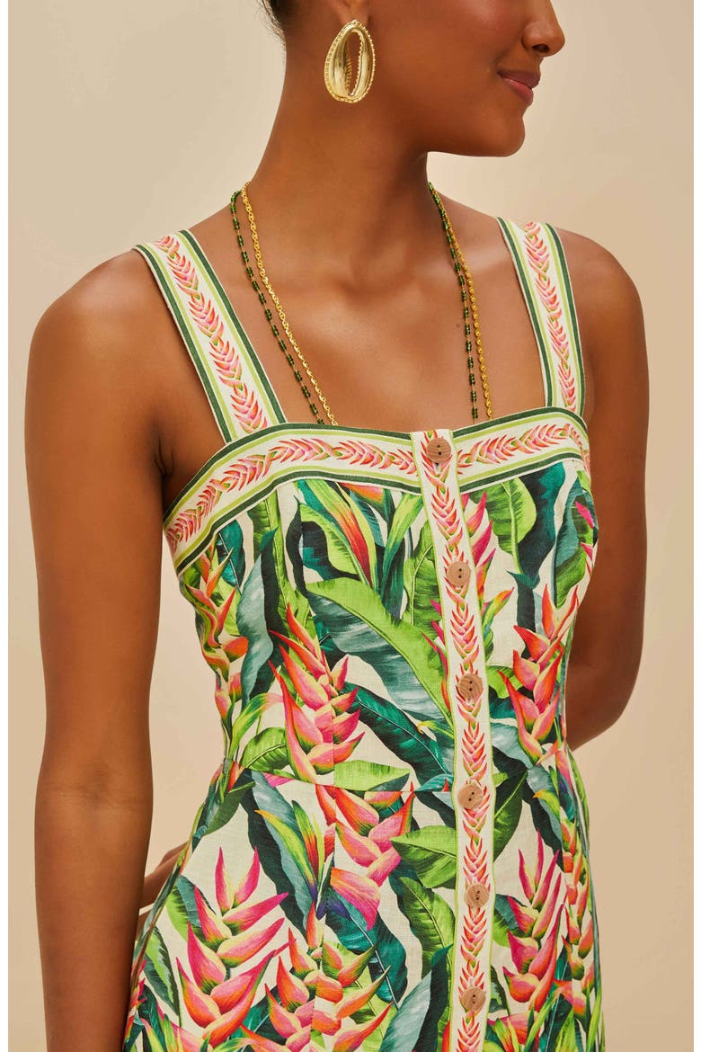heli leaves button front linen midi dress Heli Leaves Button Front Linen Midi Dress (Women)