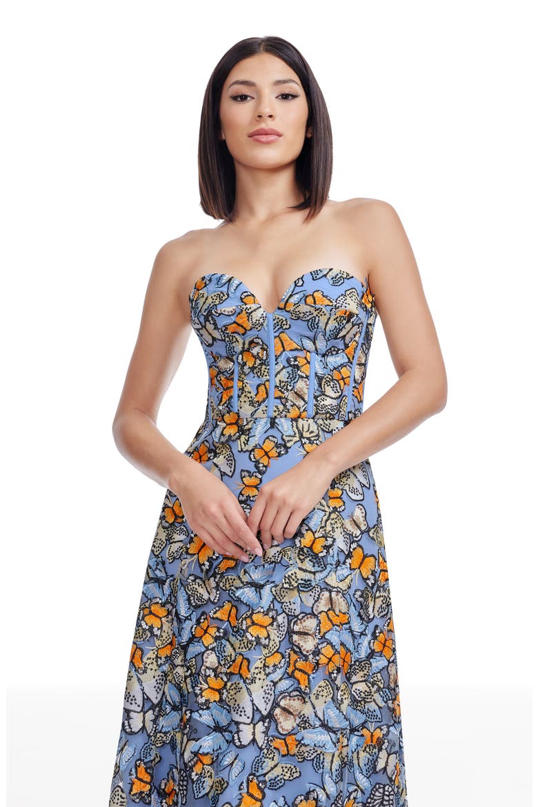 Carina Butterfly Appliqué Strapless Cocktail Midi Dress, Alternate, color, SKY BLUE MULTI