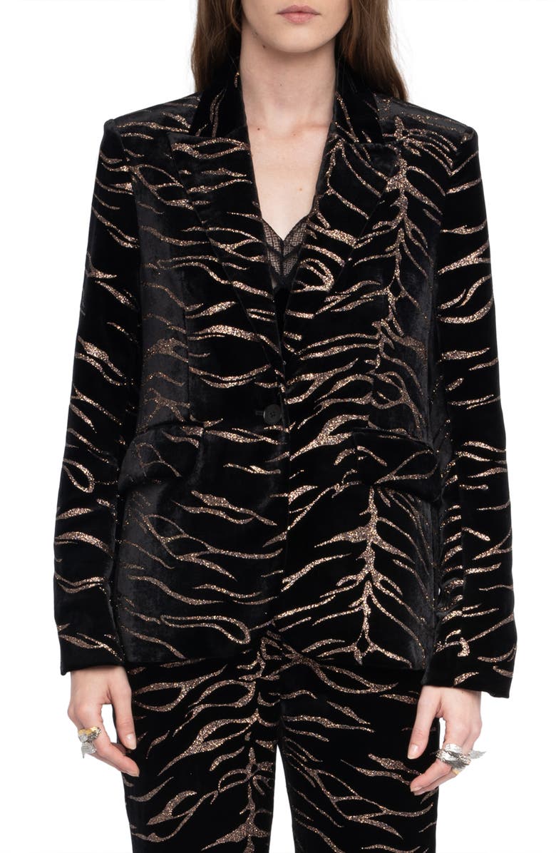 Zadig & Voltaire Vavy Metallic Tiger Stripe Velvet Jacket, Main, color, Black