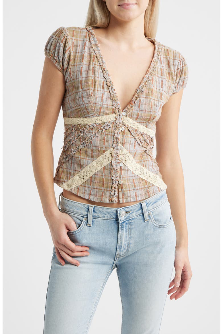 Robyn Plaid Ruffle & Lace Trim Button-Up Top, Main, color, BROWN