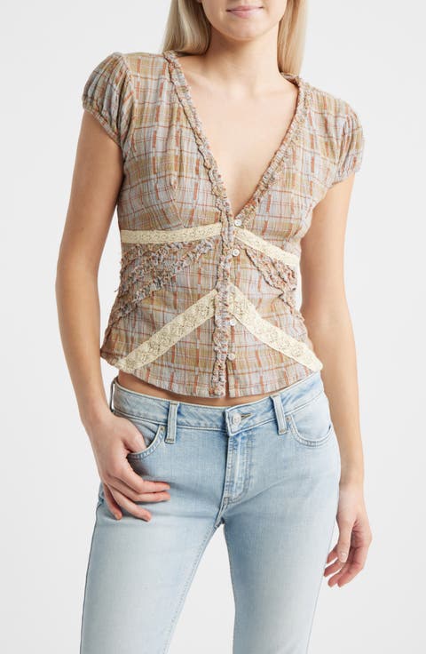 Robyn Plaid Ruffle & Lace Trim Button-Up Top