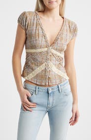 BDG Urban Outfitters Robyn Plaid Ruffle & Lace Trim Button-Up Top