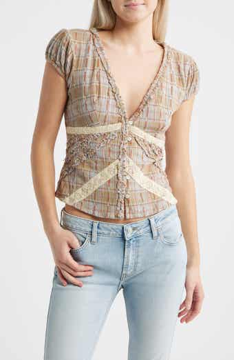 Robyn Plaid Ruffle & Lace Trim Button-Up Top