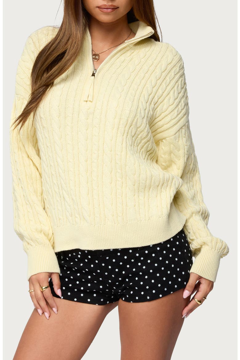 Sarie Cable Stitch Quarter Zip Cotton Sweater, Main, color, LIGHT-YELLOW