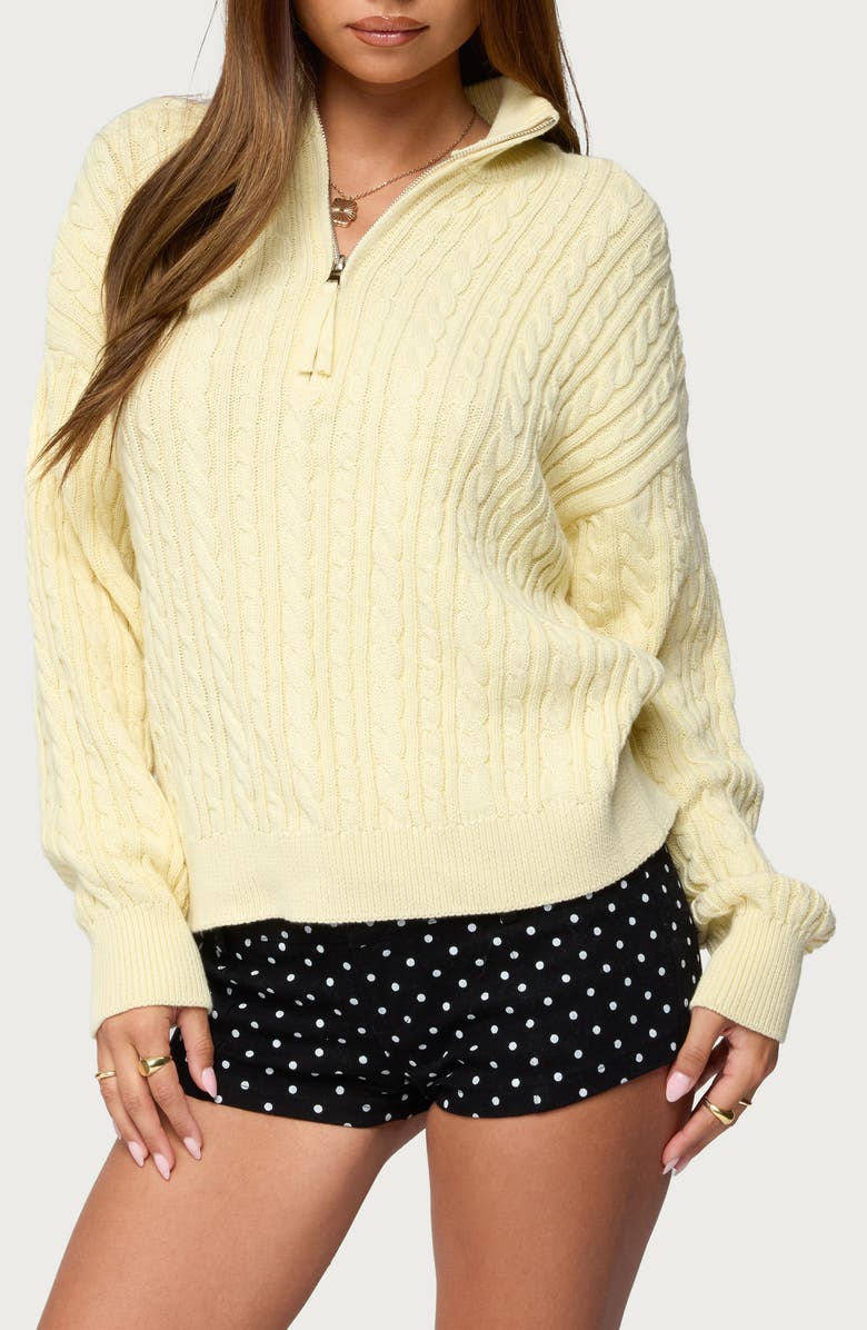 EDIKTED Sarie Cable Stitch Quarter Zip Cotton Sweater, Main, color, Light-Yellow