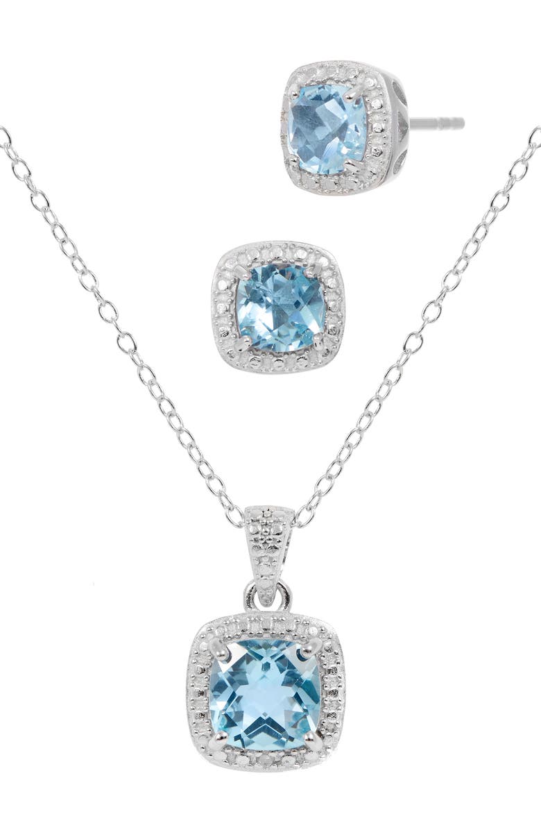 SAVVY CIE JEWELS Stone Pendant Necklace & Cushion Stud Earrings Box Set, Alternate, color, Blue