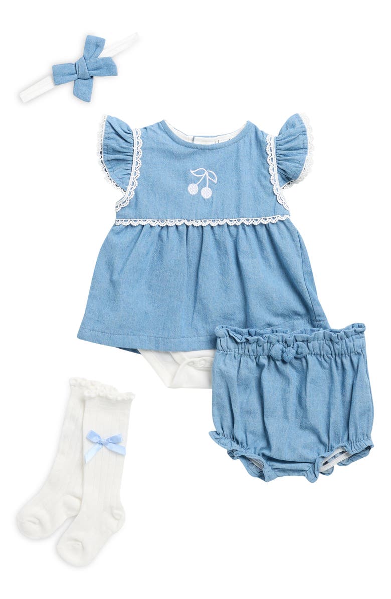 Nicole Miller Cherry Embroidered Denim Skirted Bodysuit, Bloomers, Socks & Headband Set, Main, color, Lt Denim