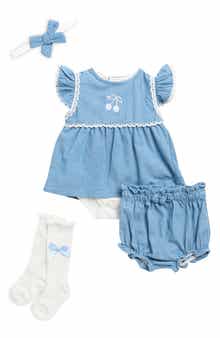 Nicole Miller Cherry Embroidered Denim Skirted Bodysuit, Bloomers, Socks & Headband Set