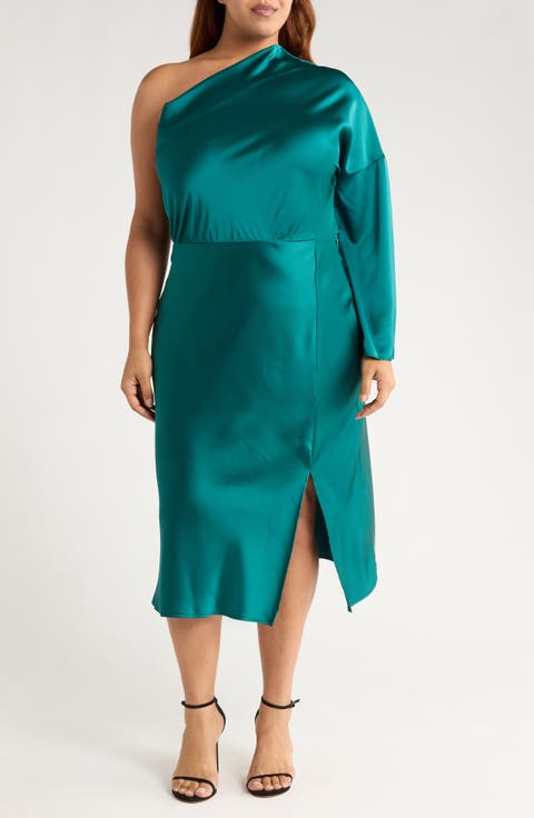 One-Shoulder Satin Midi Dress (Plus)
