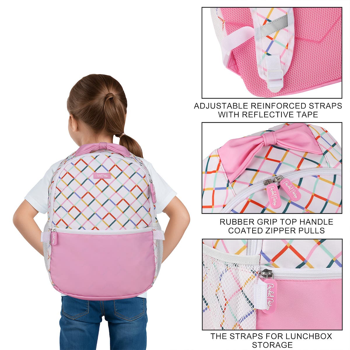 White and Pink with Rainbow Plaid 17" Backpack Set for Girls | Includes Matching Insulated Lunchbox and Water Bottle, Alternate, color, Packed Party Colorful