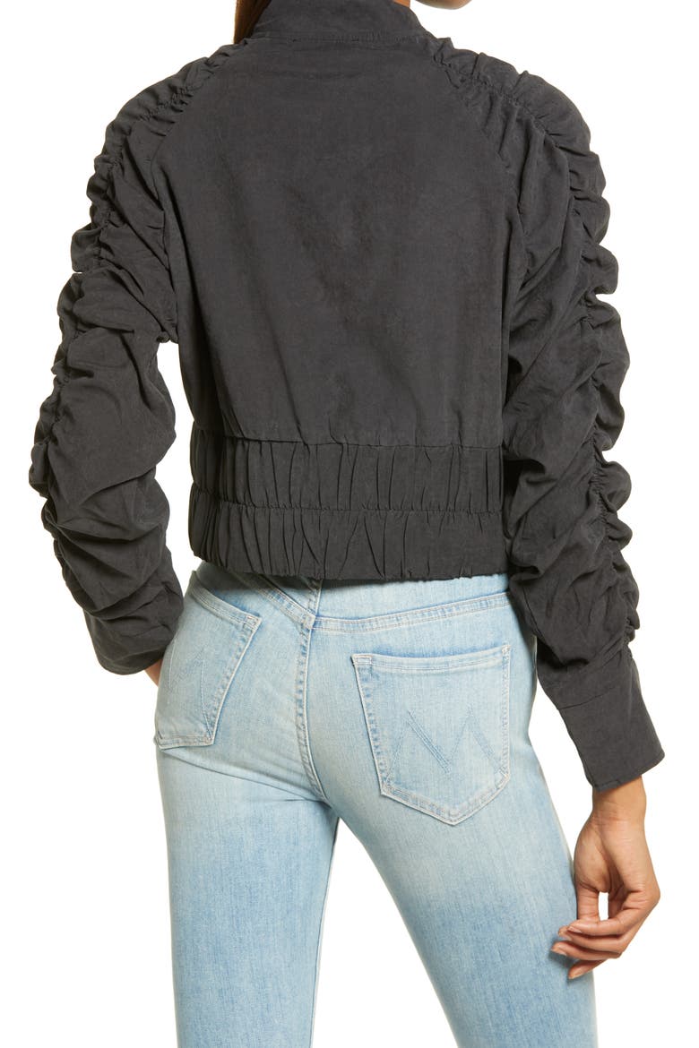 Ruched Sleeve Crop Bomber Jacket, Alternate, color, BLACK