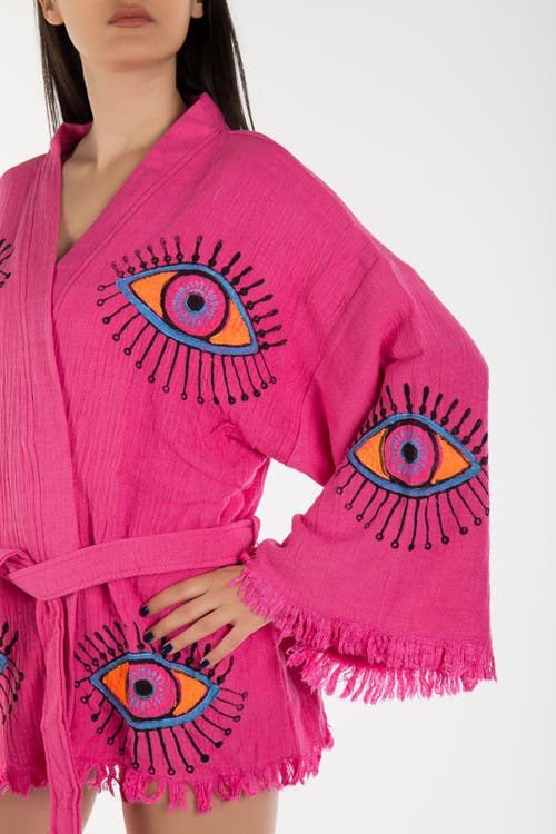 Forever & Always Shoes Sereia Evil Eye Handmade Cotton Short Kimono In Fuchsia