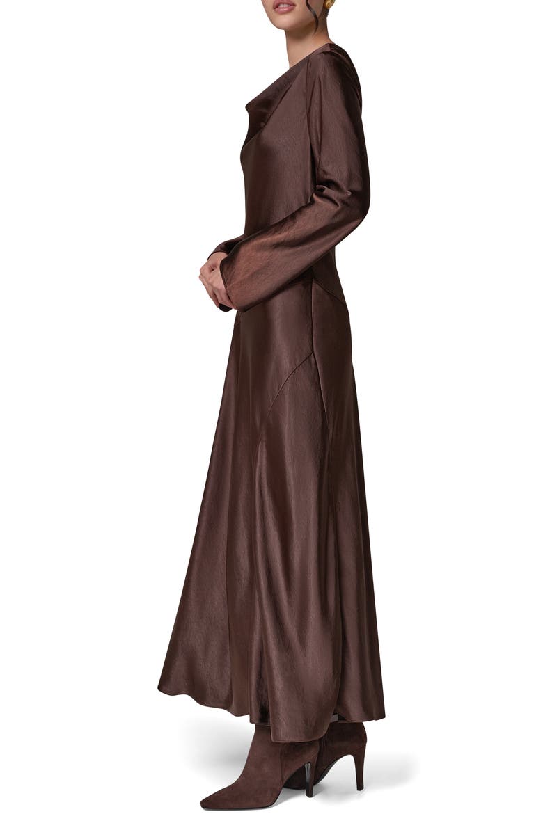 Long Sleeve Draped Neck Satin Dress, Alternate, color, ESPRESSO