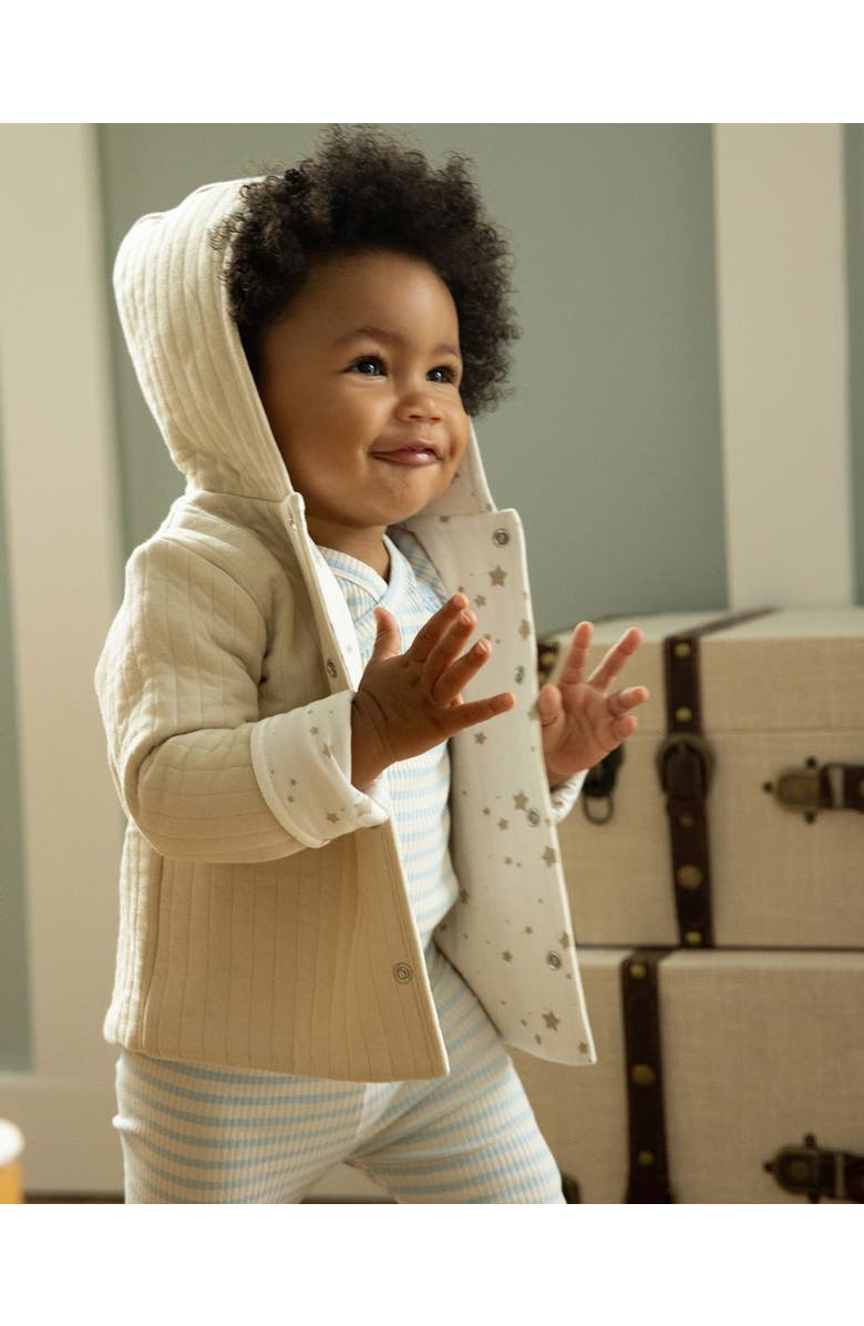 MiniMoi Baby Hooded Reversible Cotton Rich Star-Print Quilted Jacket, Alternate, color, Oatmeal-Winter White