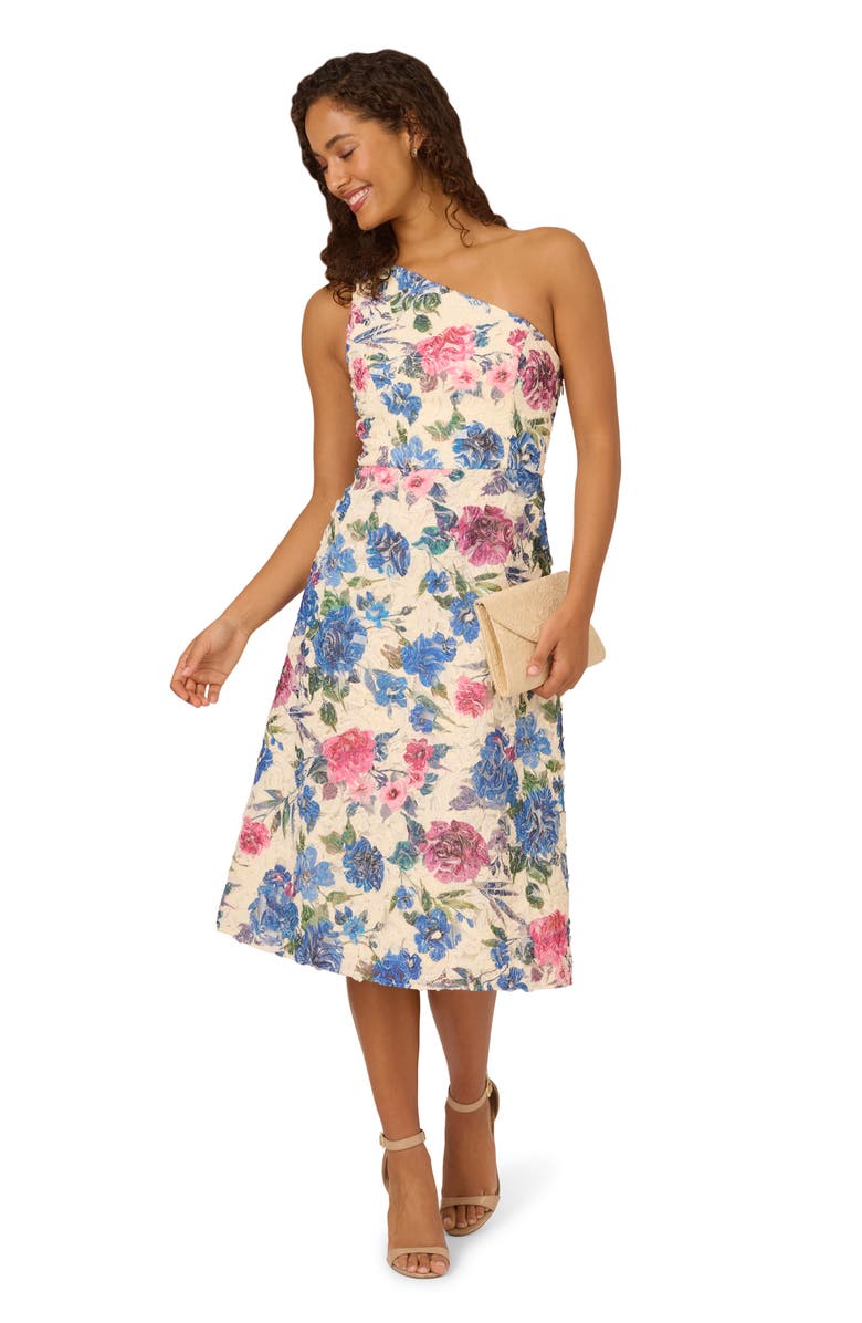 Adrianna Papell Floral Soutache Lace One-Shoulder Fit & Flare Midi Dress, Alternate, color, Alabaster Multi