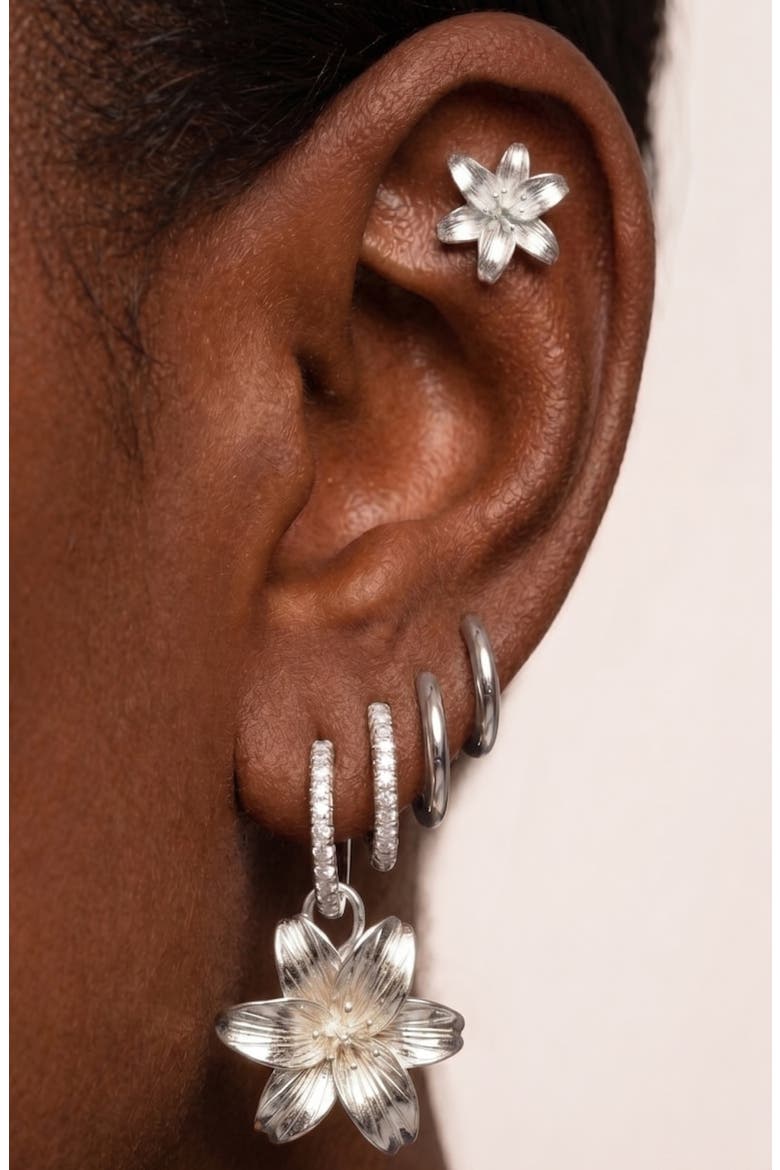 Set of 9 Lily Hoop, Stud & Drop Earrings, Alternate, color, SILVER
