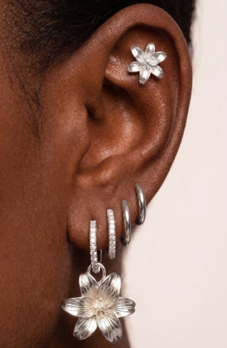 IMBER Set of 9 Lily Hoop, Stud & Drop Earrings, Alternate, color, Silver