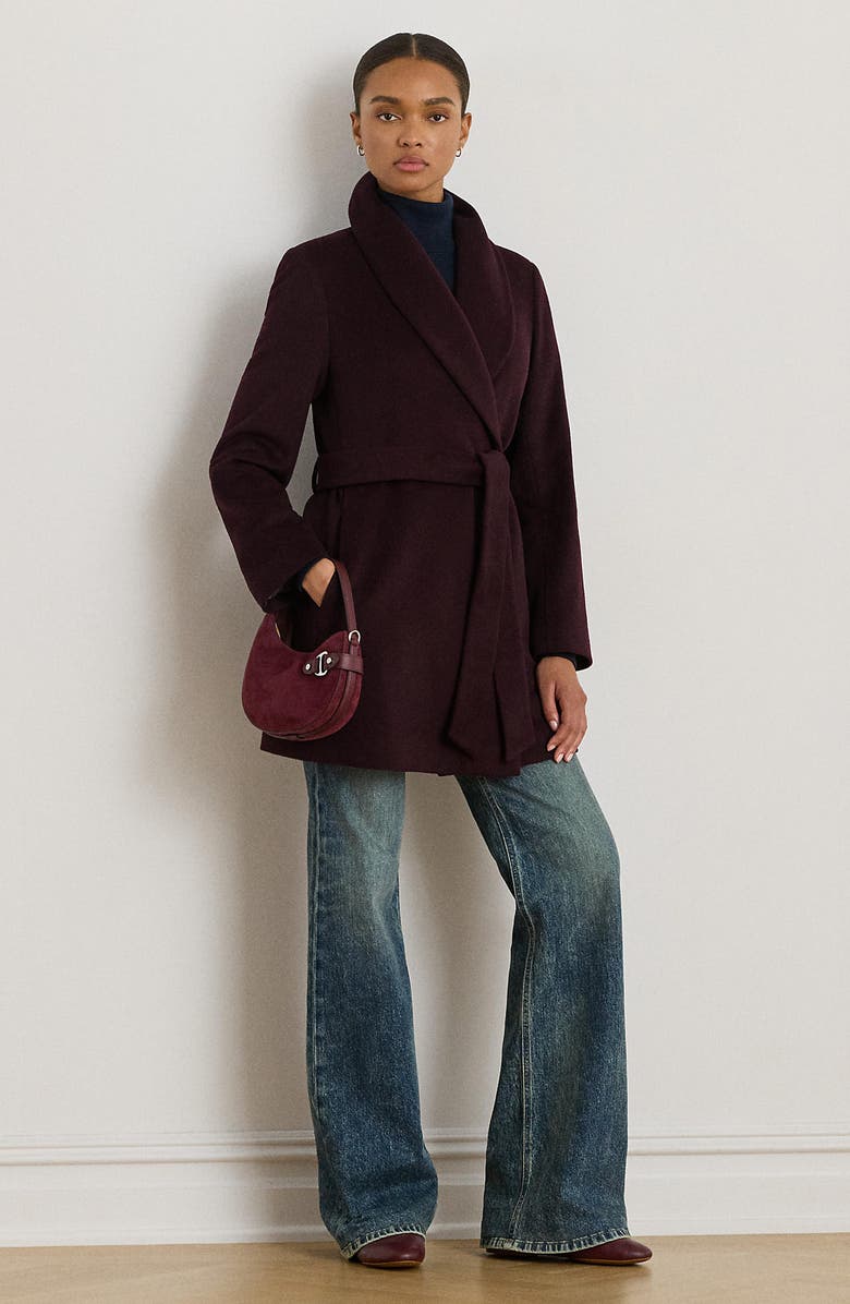 Lauren Ralph Lauren Wool Blend Wrap Coat, Alternate, color, Pinot Noir