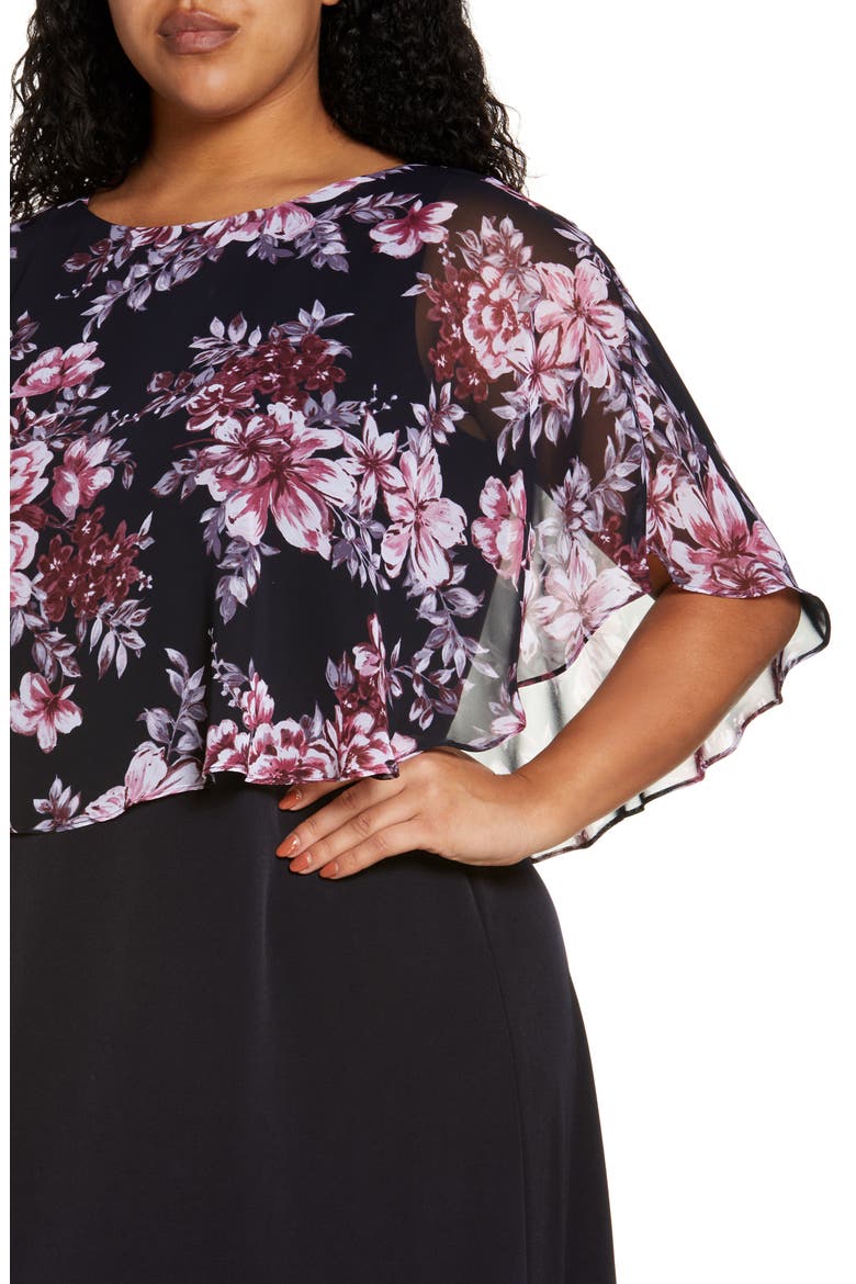 Floral Overlay Cape Dress, Alternate, color, NAVY
