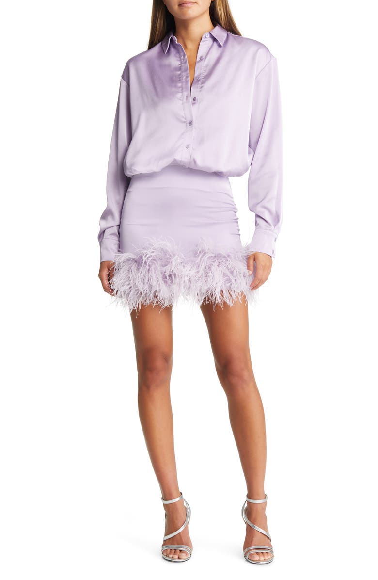 HOUSE OF CB Tyra Feather Trim Long Sleeve Satin Shirtdress, Main, color, 