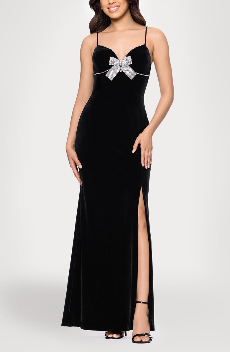 Blondie Nites Bow Velvet Gown, Main, color, Black