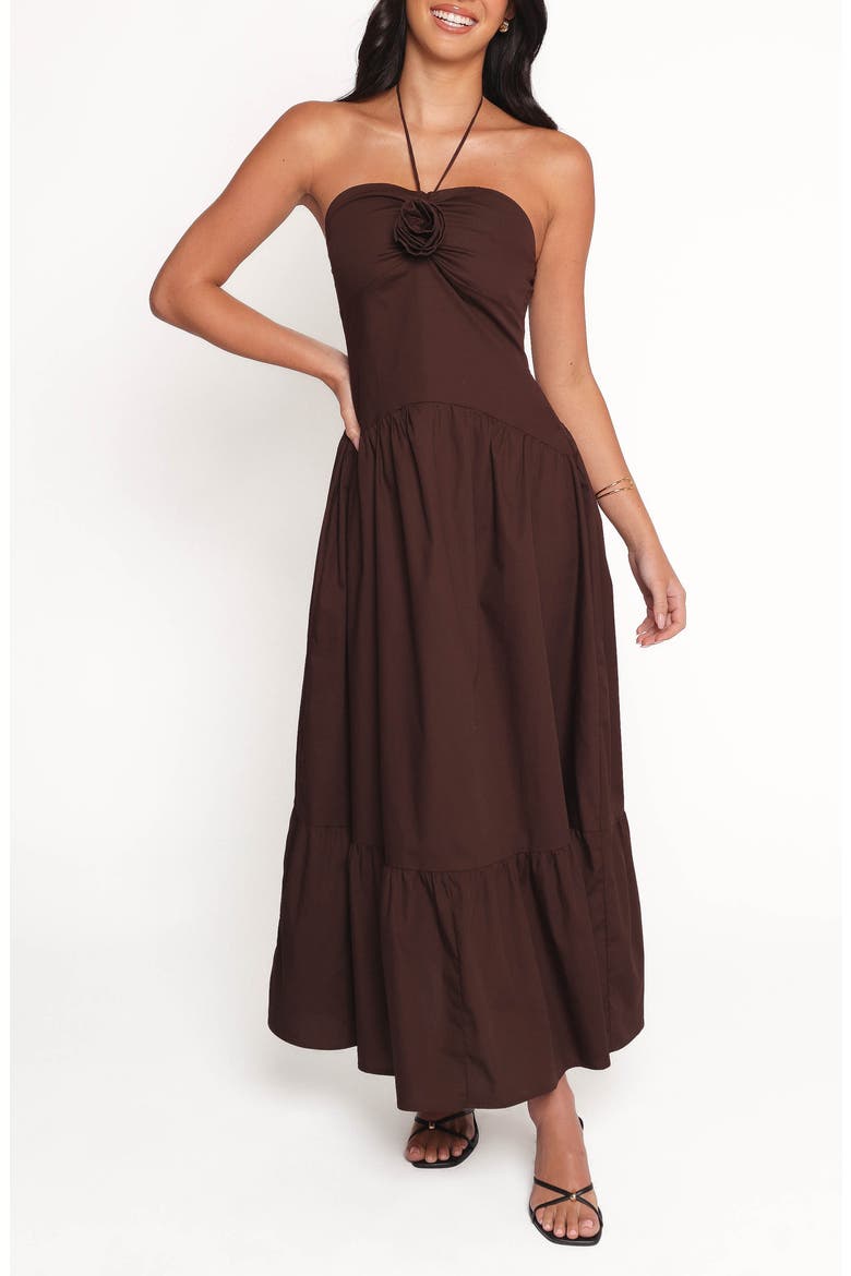 Soleila Rosette Tiered Halter Maxi Dress, Main, color, CHOCOLATE