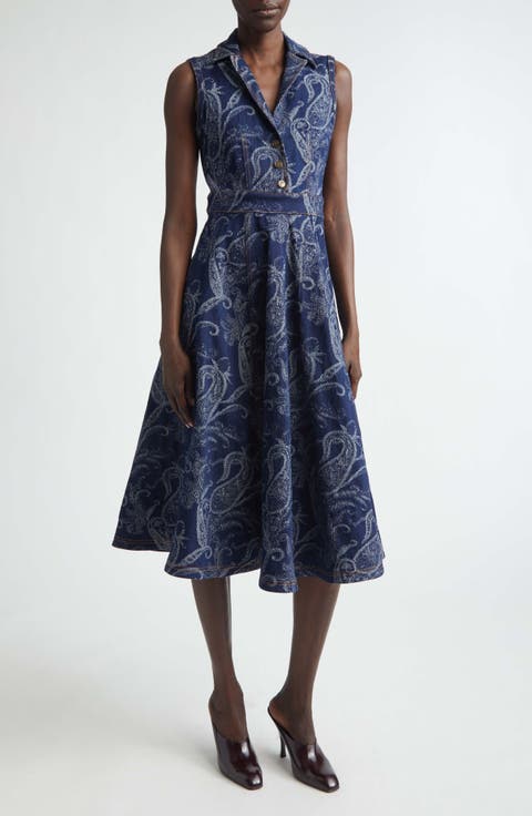 Paisley Stretch Denim Midi Dress