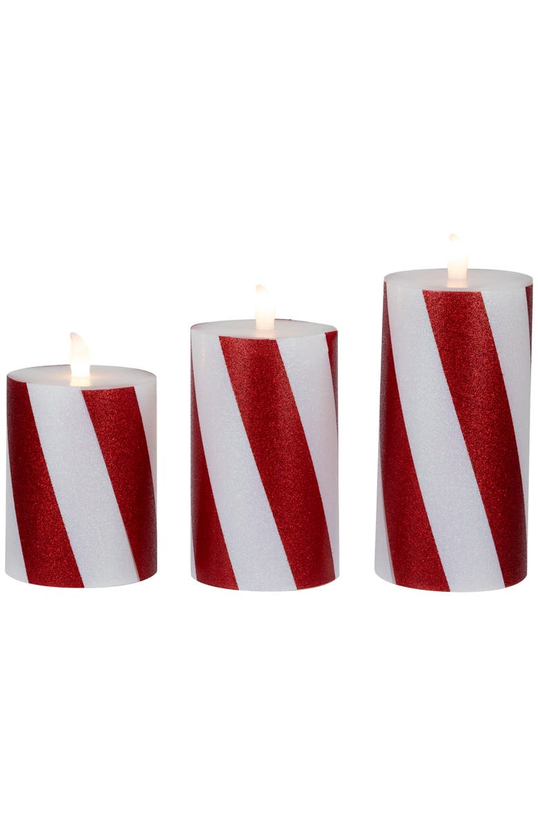 Northlight LED Flameless Flickering Candy Cane Wax Pillar Christmas Candles - 6" - Set of 3, Main, color, Red