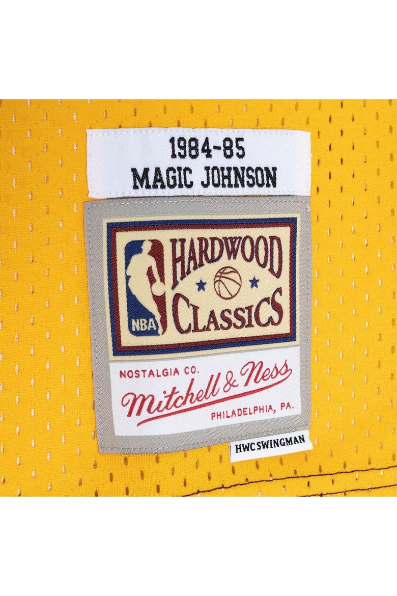 Men's Mitchell & Ness Magic Johnson Purple/Gold Los Angeles Lakers Hardwood Classics 1984/85 Split Swingman Jersey, Alternate, color, Purple