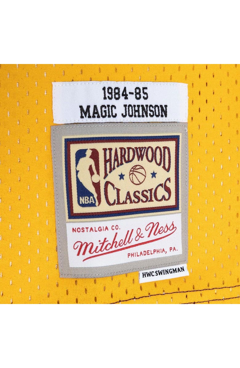 Mitchell & Ness Men's Mitchell & Ness Magic Johnson Purple/Gold Los Angeles Lakers Hardwood Classics 1984/85 Split Swingman Jersey, Alternate, color,