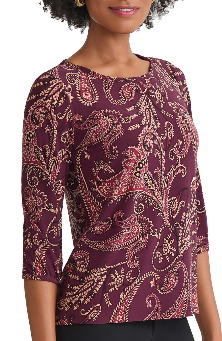 Jones New York Paisley Print Puff Sleeve Top, Alternate, color, Wine Plum Multi