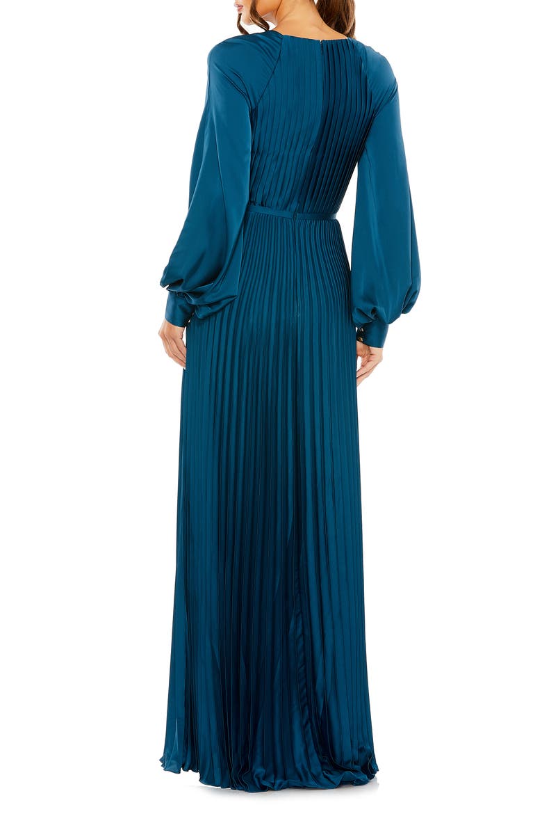 Pleated High Neck Raglan Long Sleeve Side Slit Gown, Alternate, color, PEACOCK