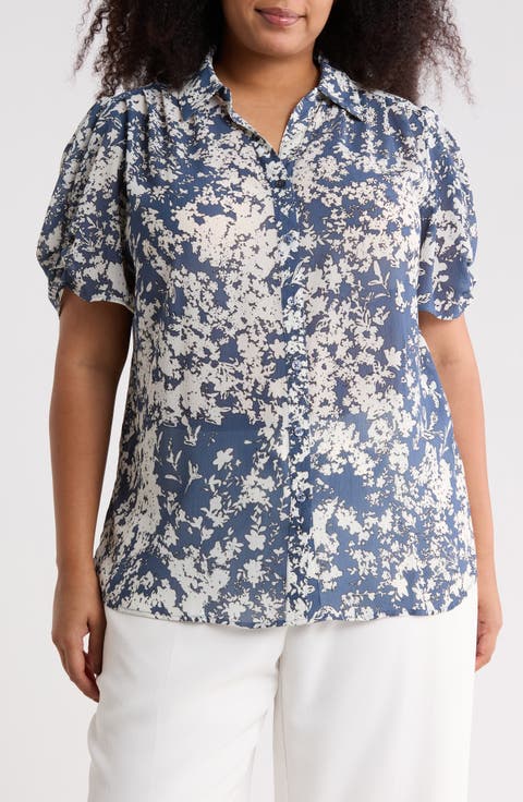 Scrunched Short Sleeve Button-Up Shirt (Plus)