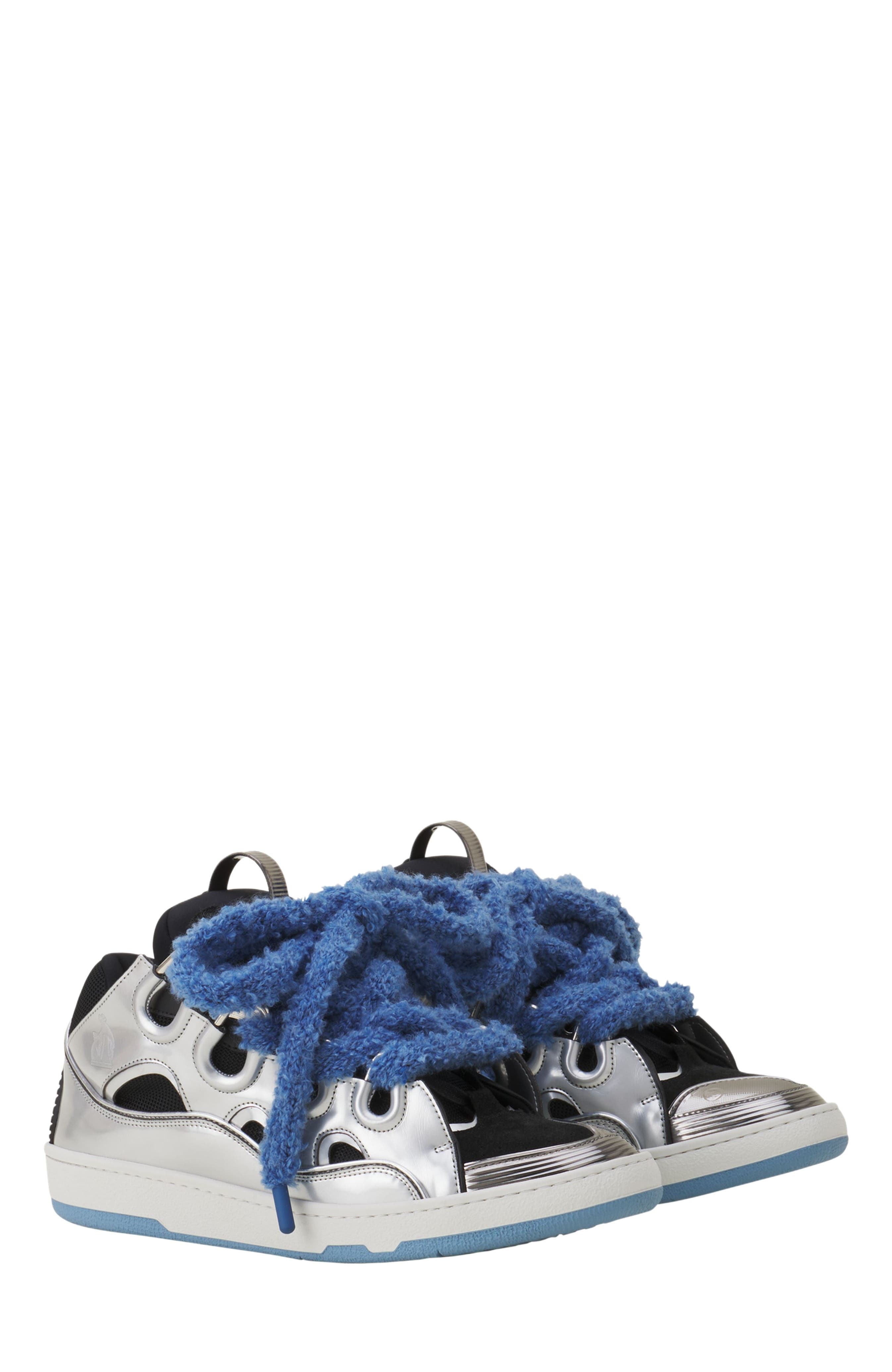 Curb Metallic Leather Sneakers With Mesh Laces, Alternate, color, Silver