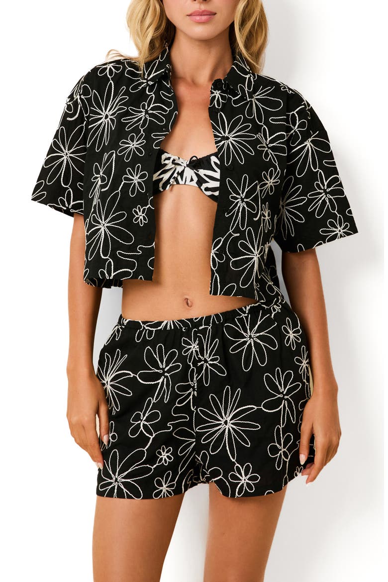 Ezra Embroidered Crop Cotton Cover-Up Camp Shirt, Main, color, FLORAL DOODLE NOIR