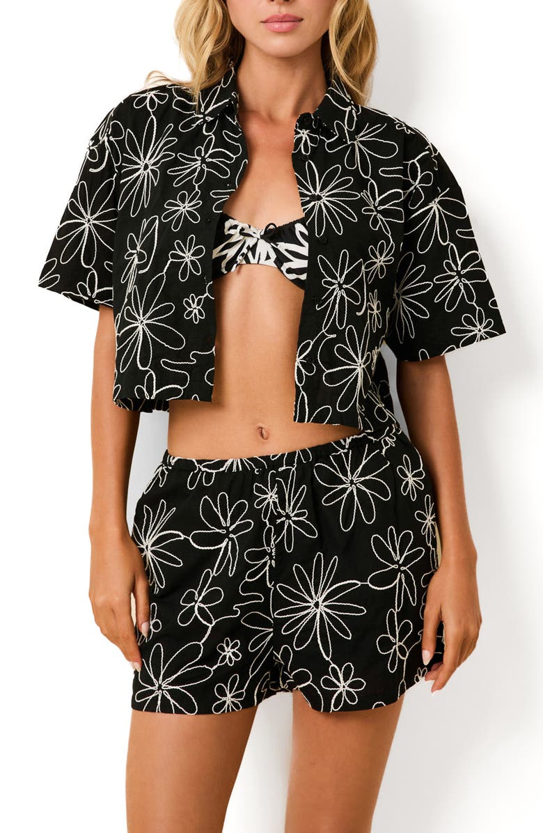 Solid & Striped Ezra Embroidered Crop Cotton Cover-Up Camp Shirt, Main, color, Floral Doodle Noir