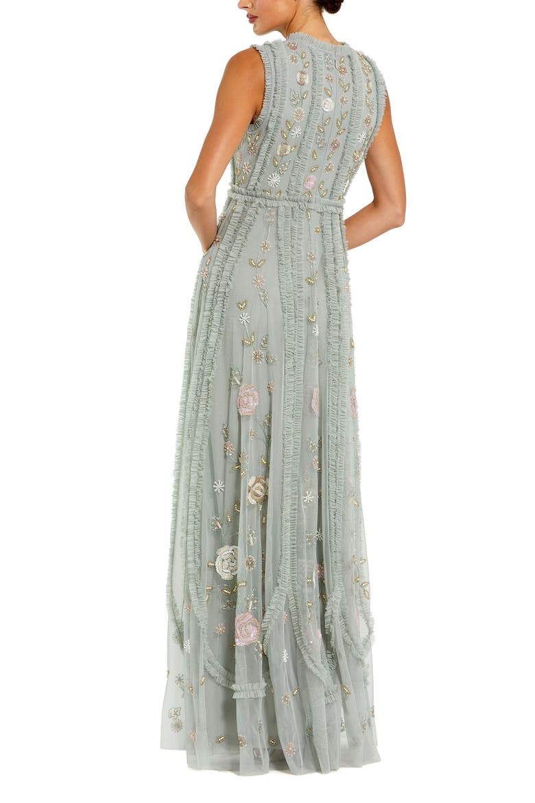 Petite Floral Embroidered Mesh A-Line Gown with Micro Ruffle Trim, Alternate, color, Sage Multi