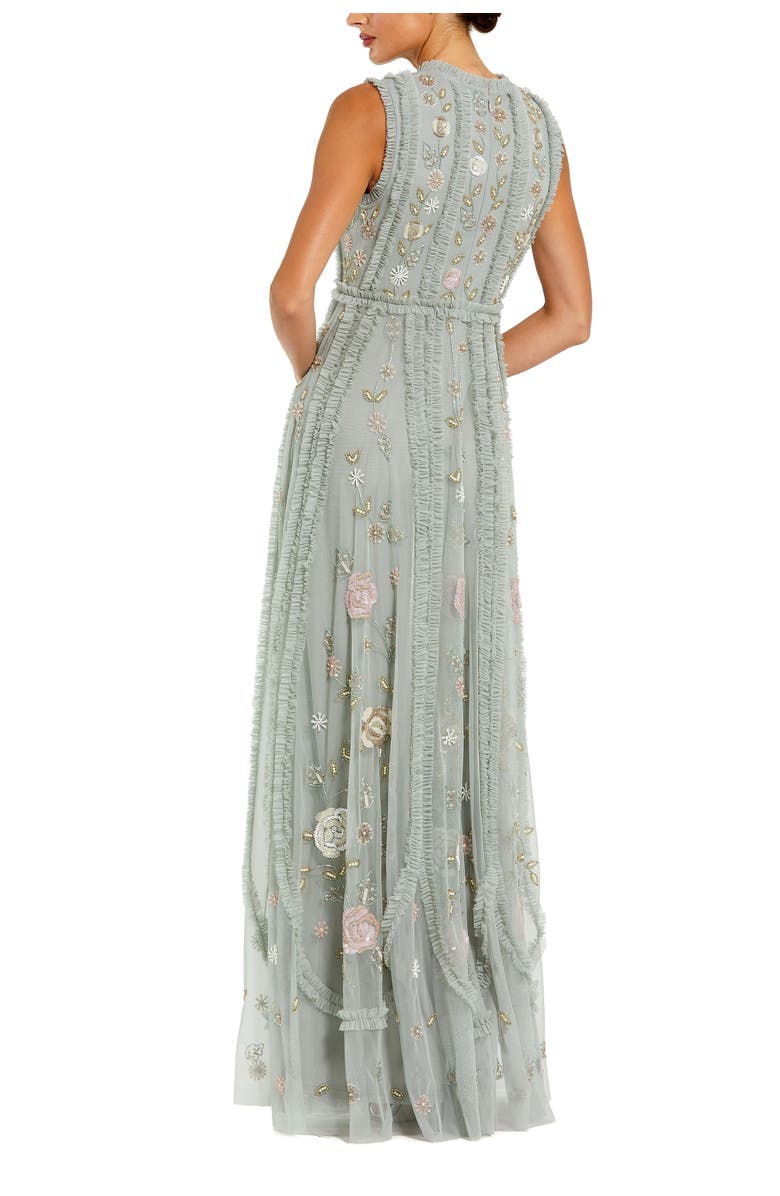 Mac Duggal Petite Floral Embroidered Mesh A-Line Gown with Micro Ruffle Trim, Alternate, color, Sage Multi