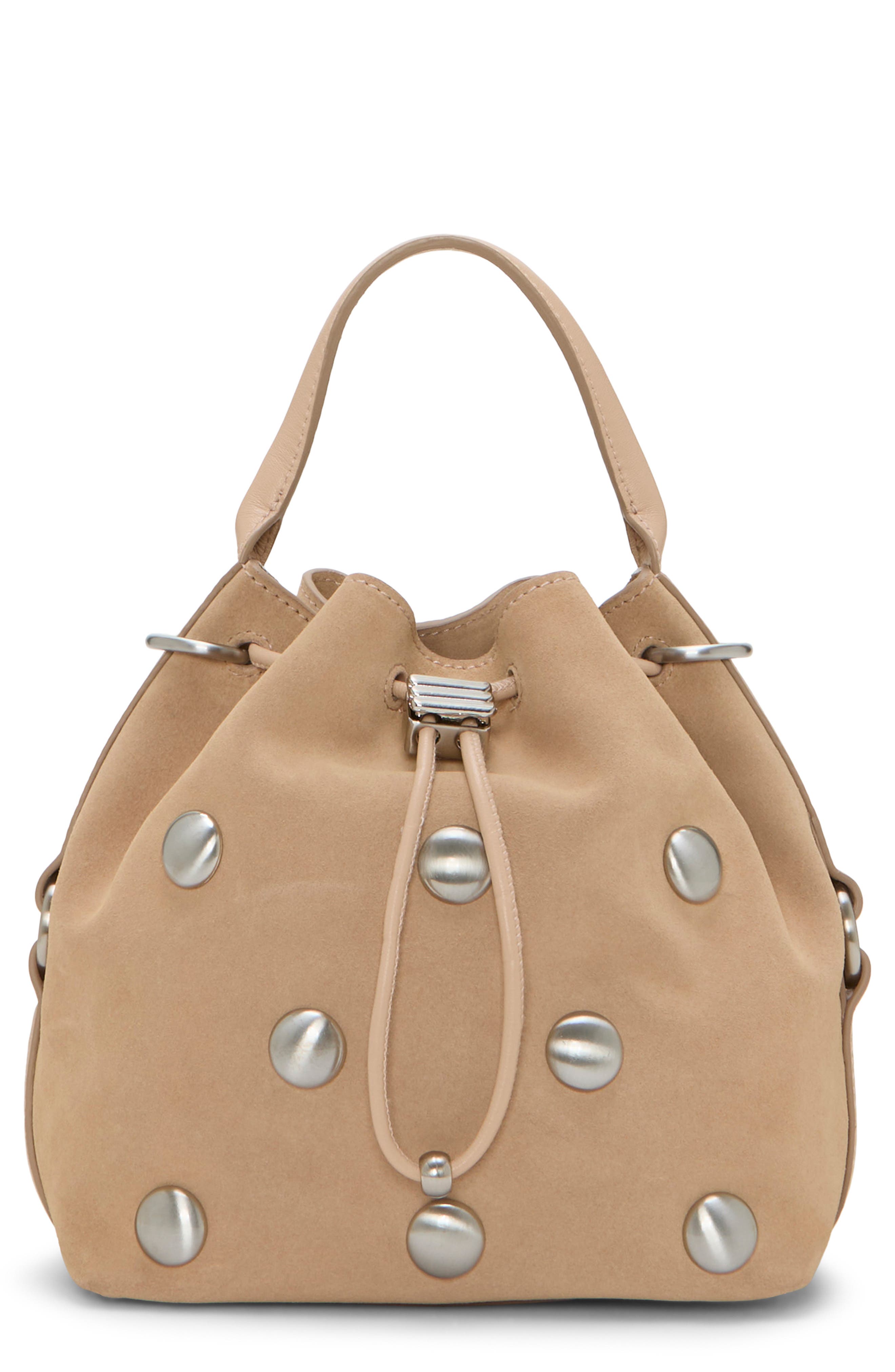 Vince Camuto Pippa Stud Leather Bucket Bag, Main, color, Medium Brown