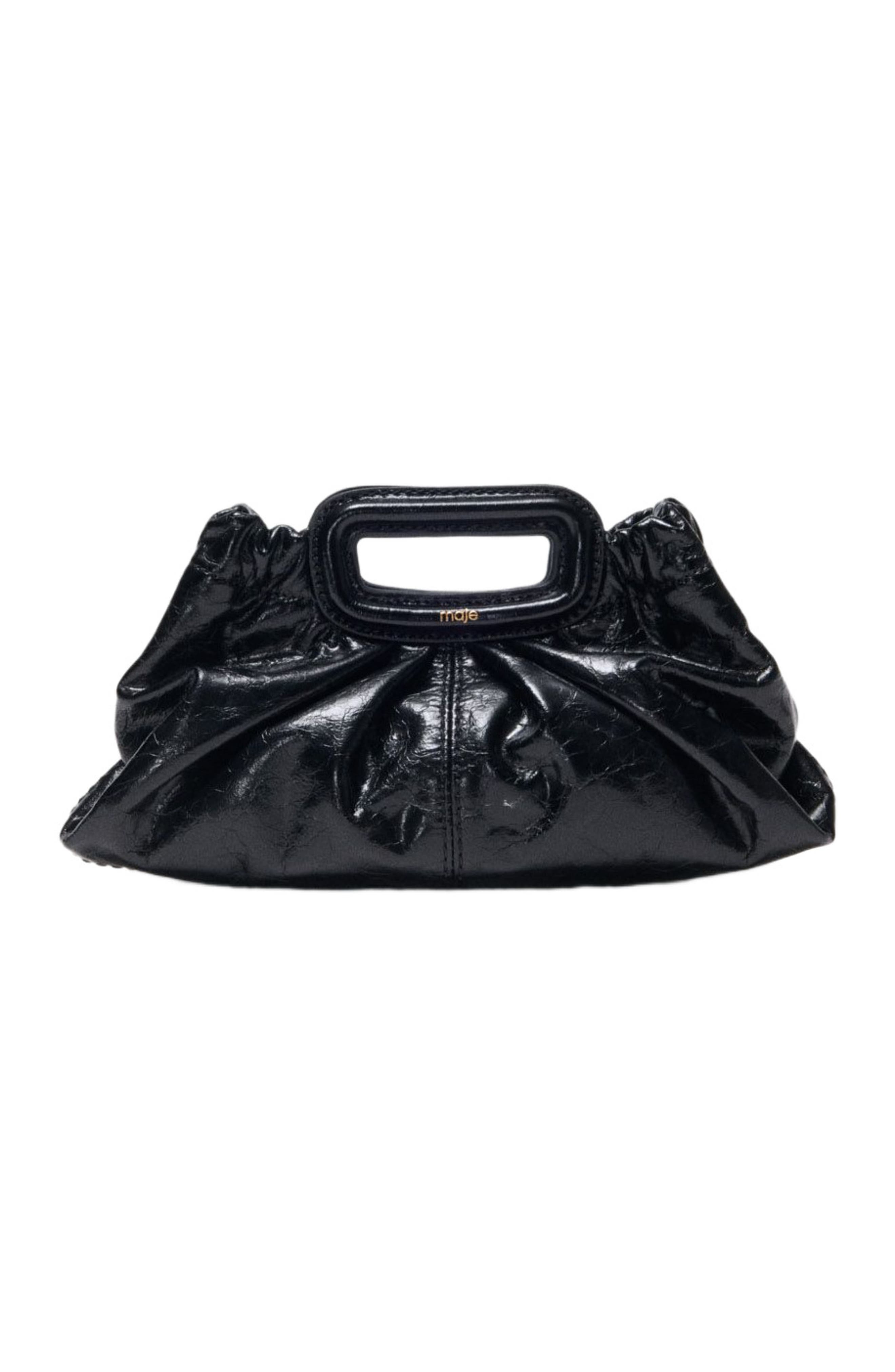 maje Crackled leather mini clutch, Main, color, Black