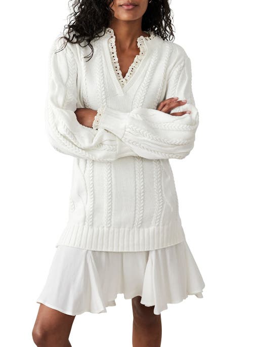 Mint Velvet Cable Knit Gathered Hem Mini Dress In White